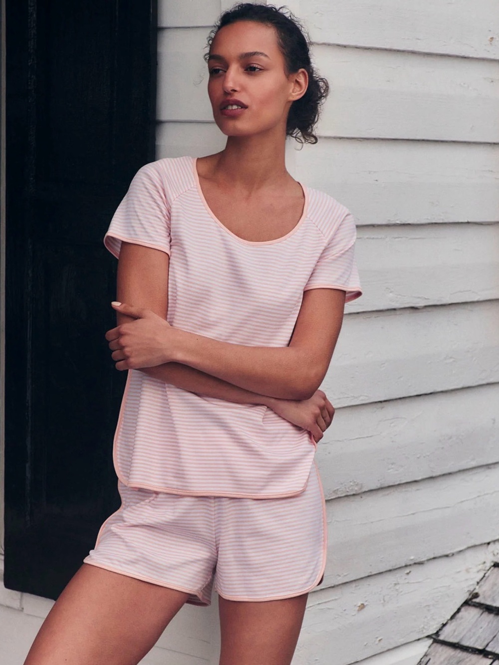 LAKE Short Sleeve Cream/Pink Rose Pajama Set –100% Pima Cotton size Small